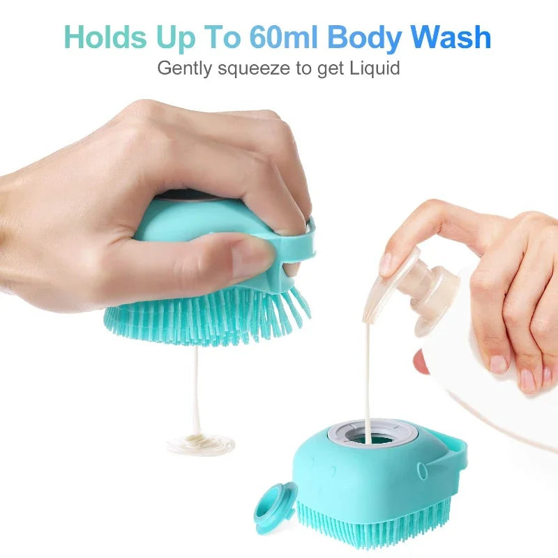 Silicone Pet Bath Brush with Shampoo Dispenser – Dog & Cat Grooming Tool