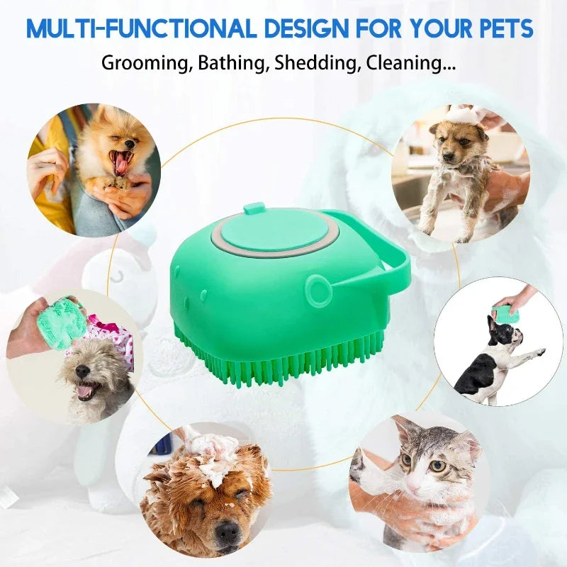 Silicone Pet Bath Brush with Shampoo Dispenser – Dog & Cat Grooming Tool